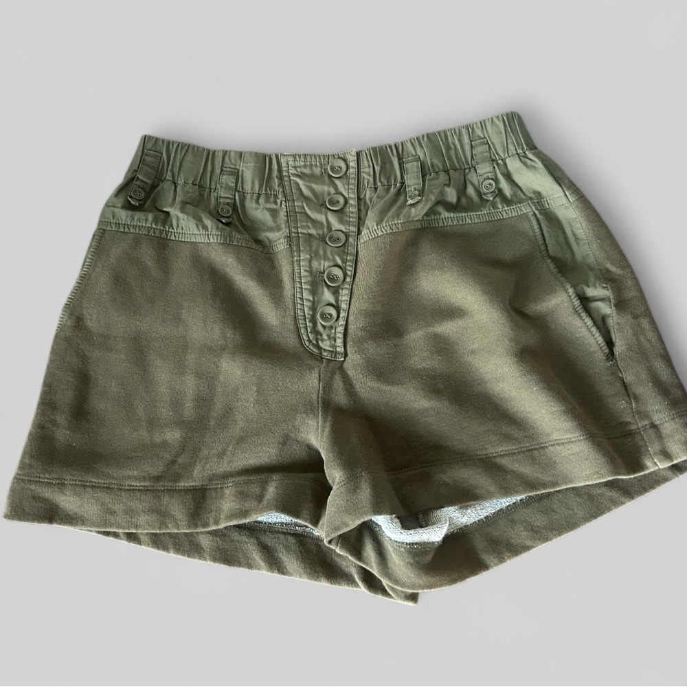 Ulla Johnson olive green designer mixed media shorts retro chic button accent